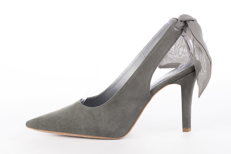 Pebble grey women's slingback shoes. Pointed toe. High slim heel. Profile view - Florence KOOIJMAN
